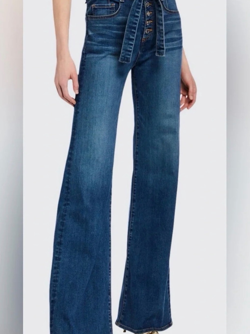 Veronica Beard Blue High-Rise Wide-Leg Jeans with Self Tie Belt